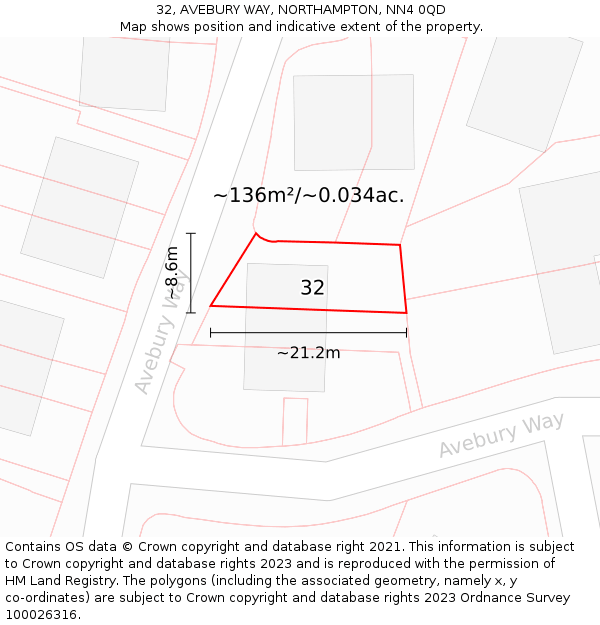 32, AVEBURY WAY, NORTHAMPTON, NN4 0QD: Plot and title map