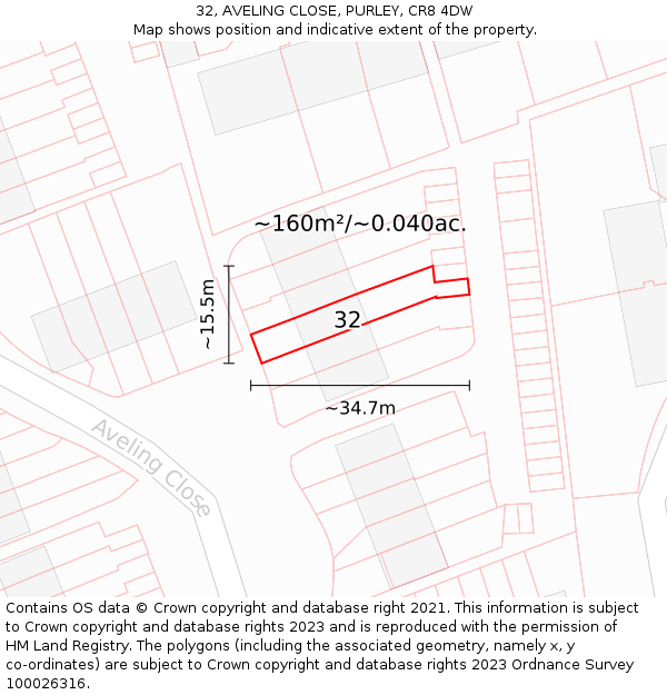 32, AVELING CLOSE, PURLEY, CR8 4DW: Plot and title map