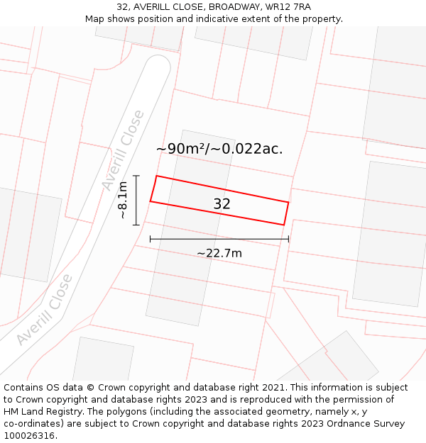 32, AVERILL CLOSE, BROADWAY, WR12 7RA: Plot and title map