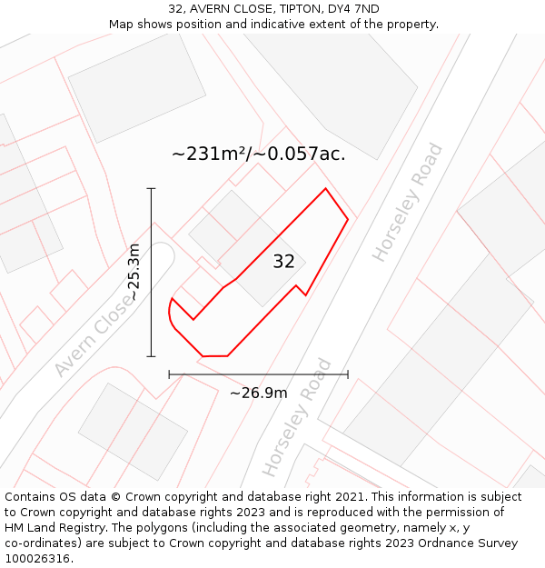 32, AVERN CLOSE, TIPTON, DY4 7ND: Plot and title map