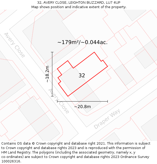 32, AVERY CLOSE, LEIGHTON BUZZARD, LU7 4UP: Plot and title map