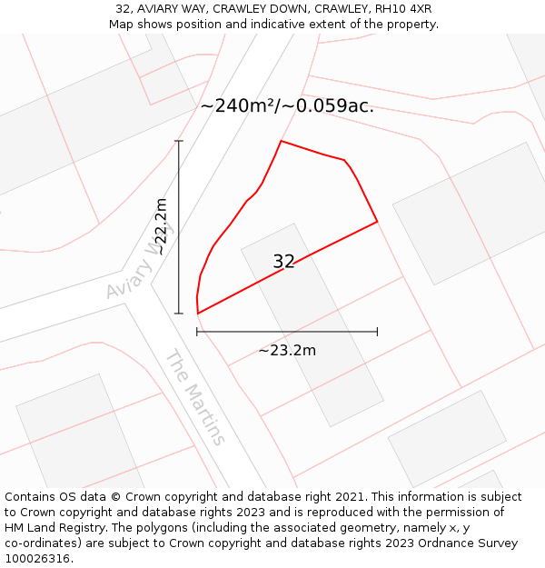 32, AVIARY WAY, CRAWLEY DOWN, CRAWLEY, RH10 4XR: Plot and title map