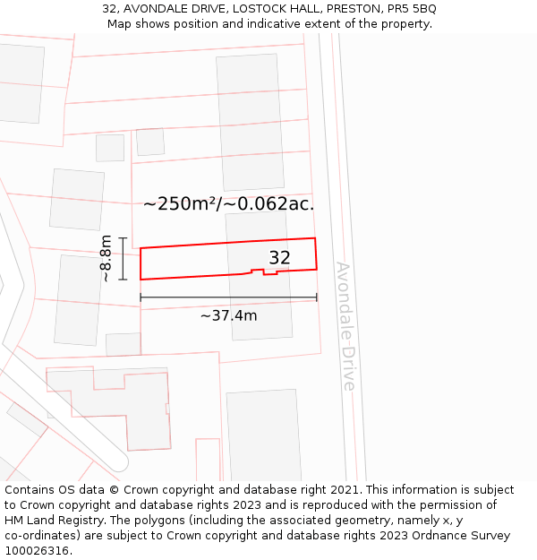 32, AVONDALE DRIVE, LOSTOCK HALL, PRESTON, PR5 5BQ: Plot and title map