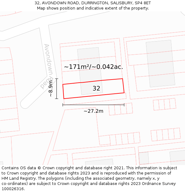 32, AVONDOWN ROAD, DURRINGTON, SALISBURY, SP4 8ET: Plot and title map
