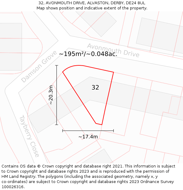 32, AVONMOUTH DRIVE, ALVASTON, DERBY, DE24 8UL: Plot and title map