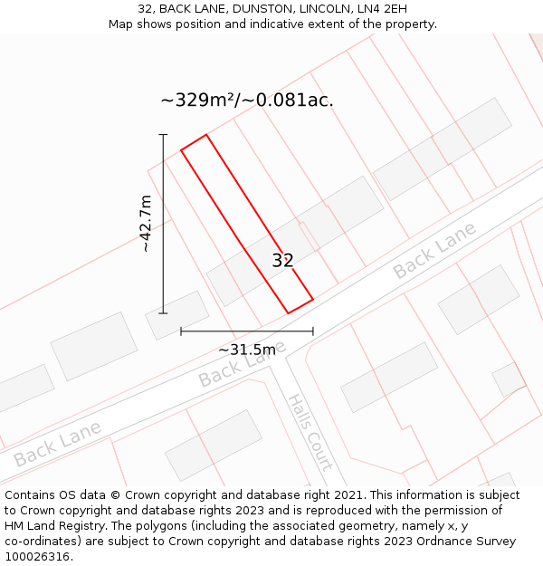 32, BACK LANE, DUNSTON, LINCOLN, LN4 2EH: Plot and title map
