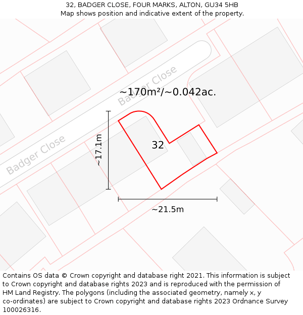 32, BADGER CLOSE, FOUR MARKS, ALTON, GU34 5HB: Plot and title map