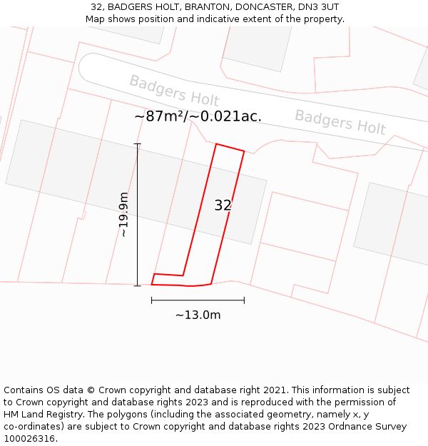 32, BADGERS HOLT, BRANTON, DONCASTER, DN3 3UT: Plot and title map