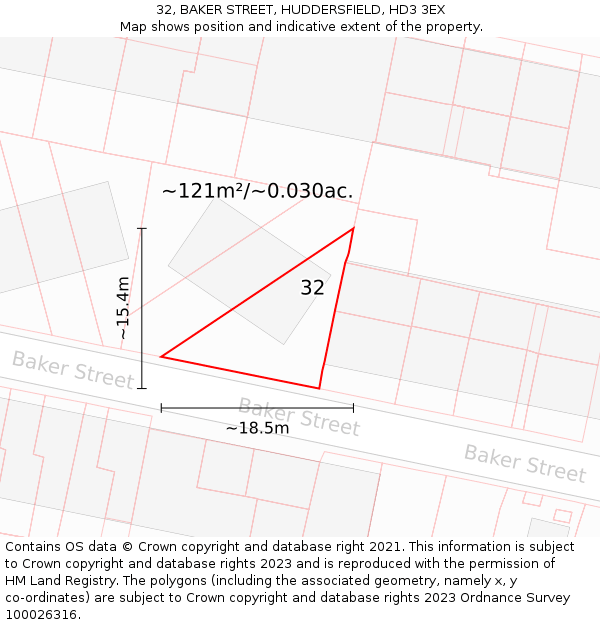 32, BAKER STREET, HUDDERSFIELD, HD3 3EX: Plot and title map