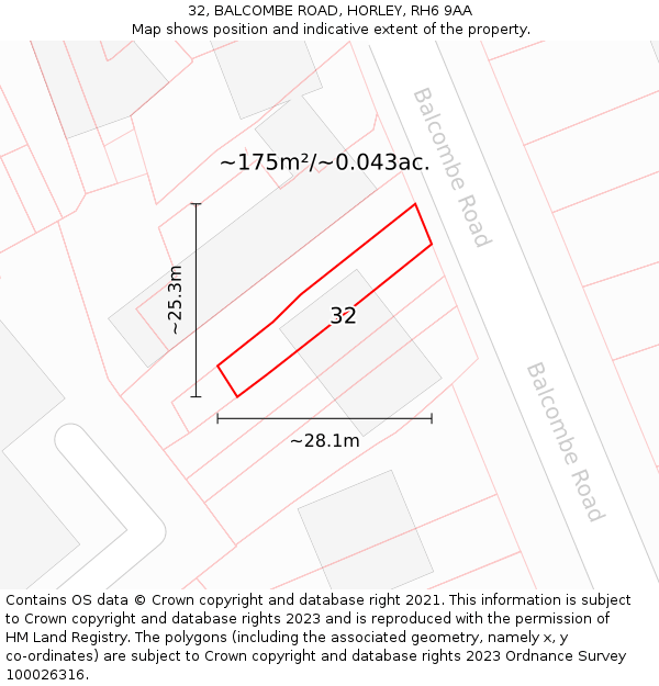 32, BALCOMBE ROAD, HORLEY, RH6 9AA: Plot and title map