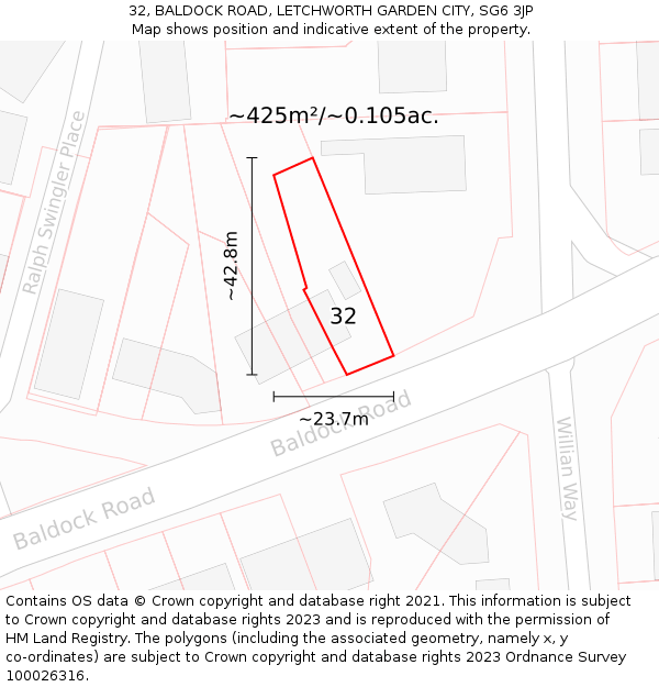 32, BALDOCK ROAD, LETCHWORTH GARDEN CITY, SG6 3JP: Plot and title map