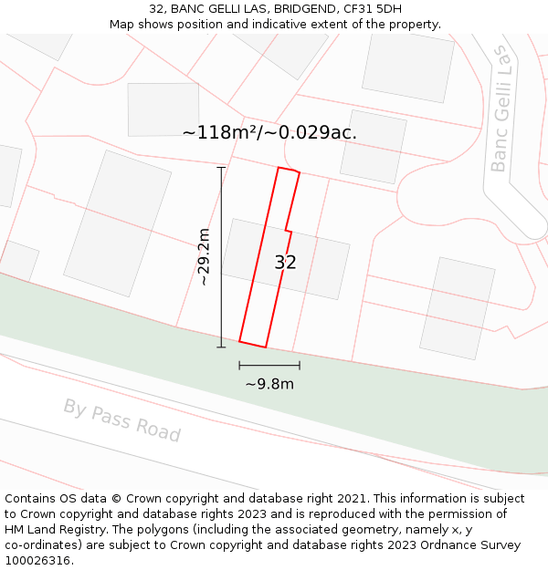 32, BANC GELLI LAS, BRIDGEND, CF31 5DH: Plot and title map