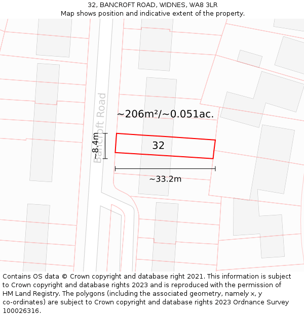 32, BANCROFT ROAD, WIDNES, WA8 3LR: Plot and title map