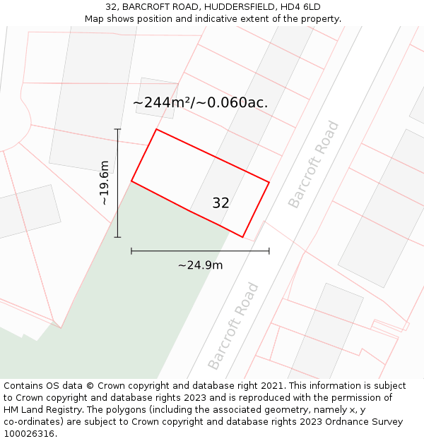 32, BARCROFT ROAD, HUDDERSFIELD, HD4 6LD: Plot and title map