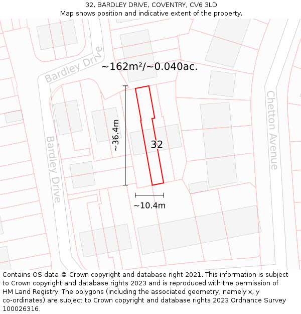 32, BARDLEY DRIVE, COVENTRY, CV6 3LD: Plot and title map