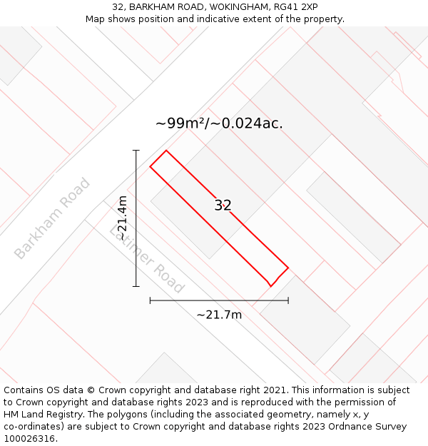 32, BARKHAM ROAD, WOKINGHAM, RG41 2XP: Plot and title map
