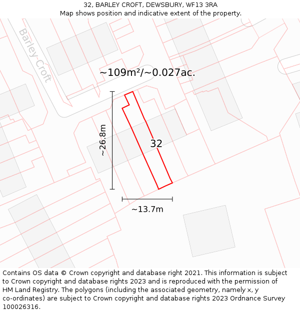 32, BARLEY CROFT, DEWSBURY, WF13 3RA: Plot and title map