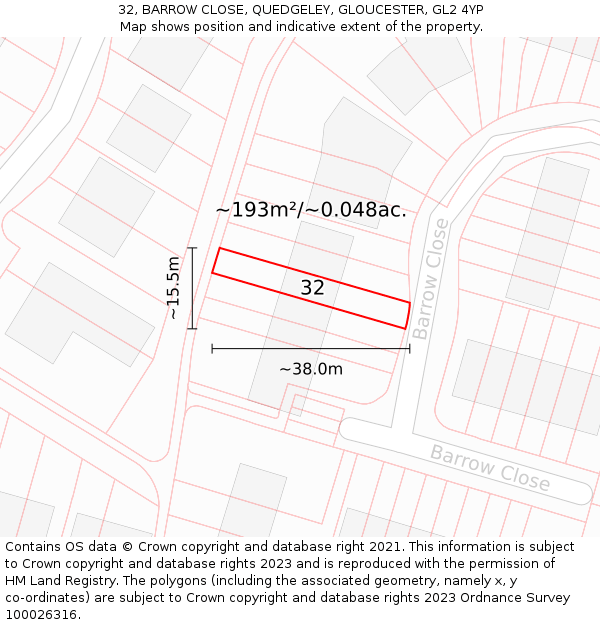 32, BARROW CLOSE, QUEDGELEY, GLOUCESTER, GL2 4YP: Plot and title map
