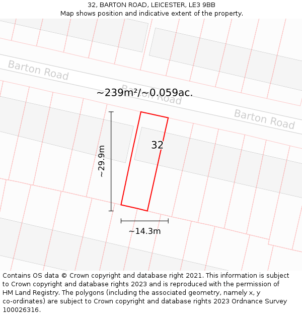 32, BARTON ROAD, LEICESTER, LE3 9BB: Plot and title map