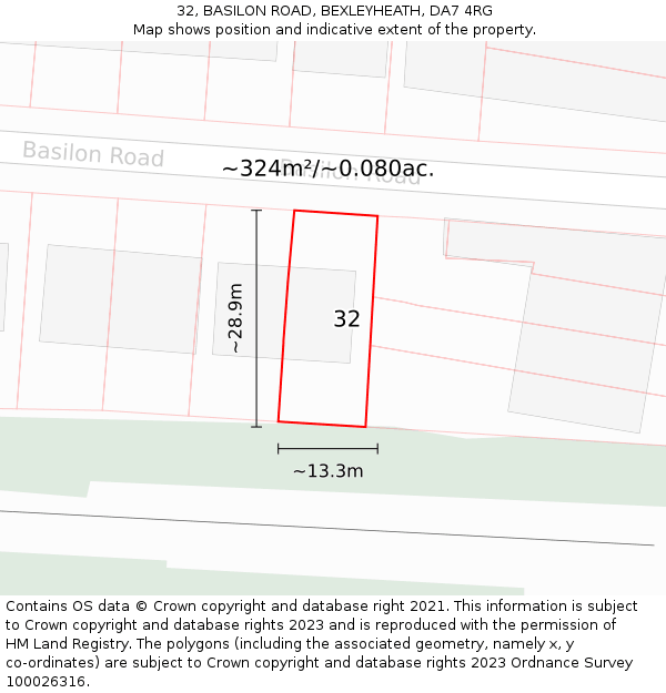 32, BASILON ROAD, BEXLEYHEATH, DA7 4RG: Plot and title map