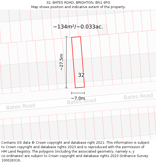 32, BATES ROAD, BRIGHTON, BN1 6PG: Plot and title map