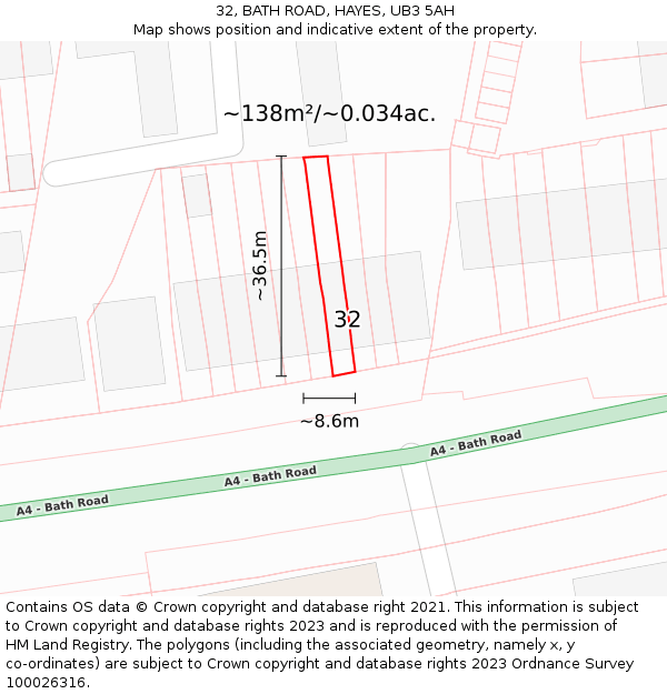 32, BATH ROAD, HAYES, UB3 5AH: Plot and title map