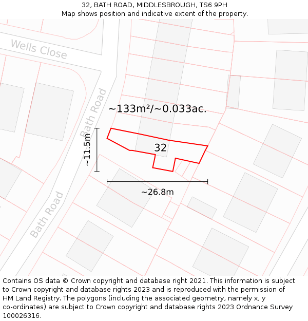 32, BATH ROAD, MIDDLESBROUGH, TS6 9PH: Plot and title map