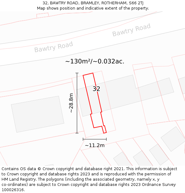 32, BAWTRY ROAD, BRAMLEY, ROTHERHAM, S66 2TJ: Plot and title map