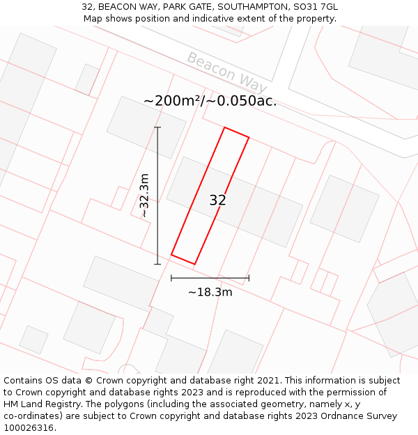 32, BEACON WAY, PARK GATE, SOUTHAMPTON, SO31 7GL: Plot and title map