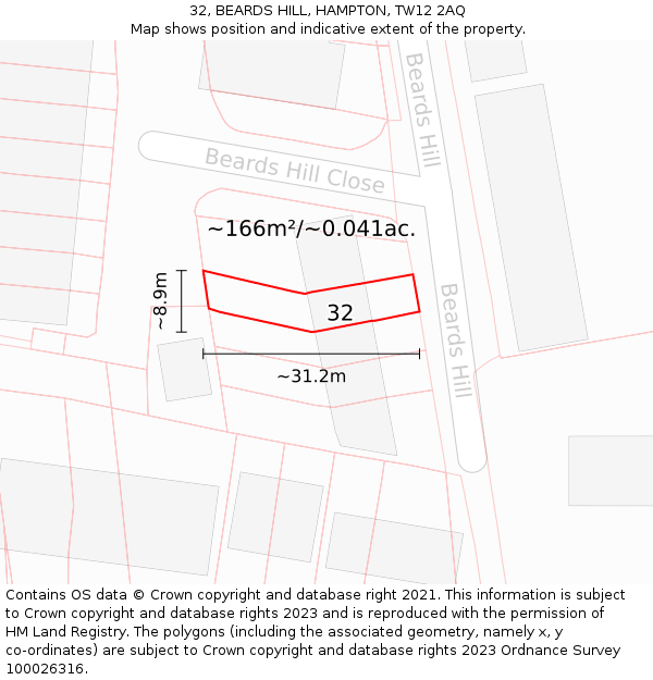 32, BEARDS HILL, HAMPTON, TW12 2AQ: Plot and title map