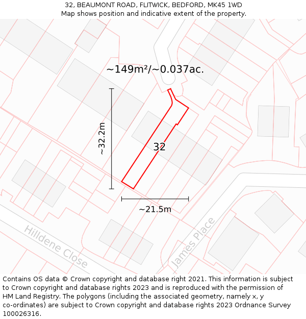 32, BEAUMONT ROAD, FLITWICK, BEDFORD, MK45 1WD: Plot and title map