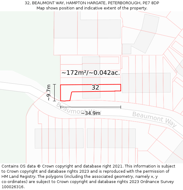 32, BEAUMONT WAY, HAMPTON HARGATE, PETERBOROUGH, PE7 8DP: Plot and title map