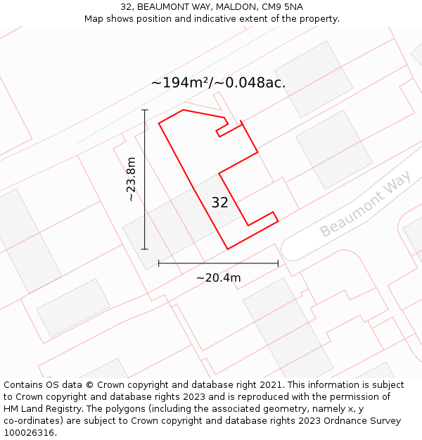 32, BEAUMONT WAY, MALDON, CM9 5NA: Plot and title map