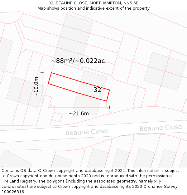 32, BEAUNE CLOSE, NORTHAMPTON, NN5 6EJ: Plot and title map