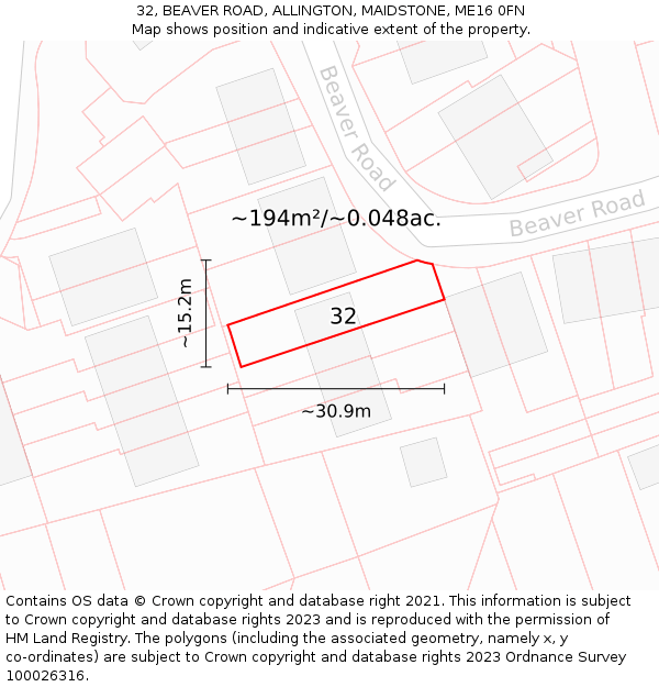 32, BEAVER ROAD, ALLINGTON, MAIDSTONE, ME16 0FN: Plot and title map