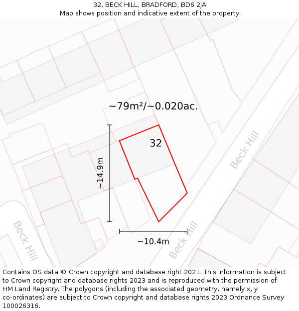 32, BECK HILL, BRADFORD, BD6 2JA: Plot and title map