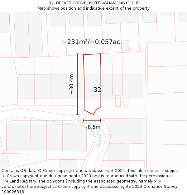 32, BECKET GROVE, NOTTINGHAM, NG11 7HF: Plot and title map