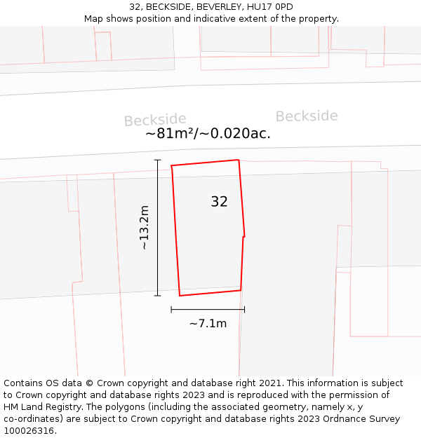 32, BECKSIDE, BEVERLEY, HU17 0PD: Plot and title map