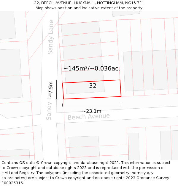 32, BEECH AVENUE, HUCKNALL, NOTTINGHAM, NG15 7FH: Plot and title map