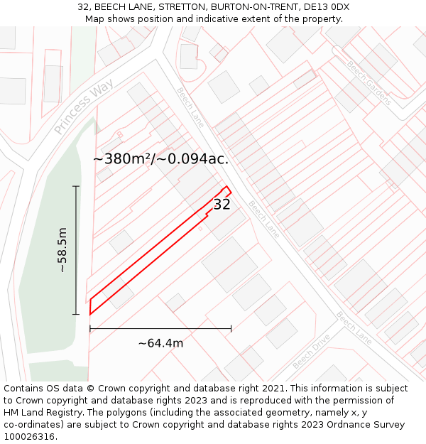 32, BEECH LANE, STRETTON, BURTON-ON-TRENT, DE13 0DX: Plot and title map