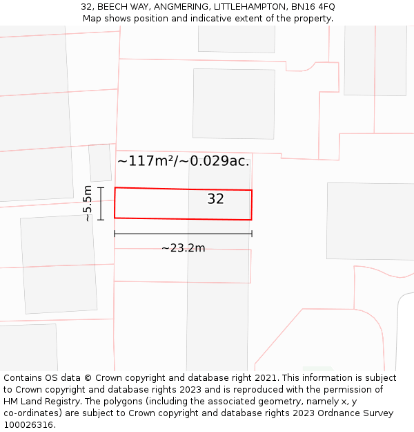 32, BEECH WAY, ANGMERING, LITTLEHAMPTON, BN16 4FQ: Plot and title map