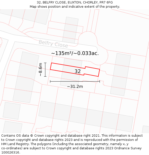 32, BELFRY CLOSE, EUXTON, CHORLEY, PR7 6FG: Plot and title map