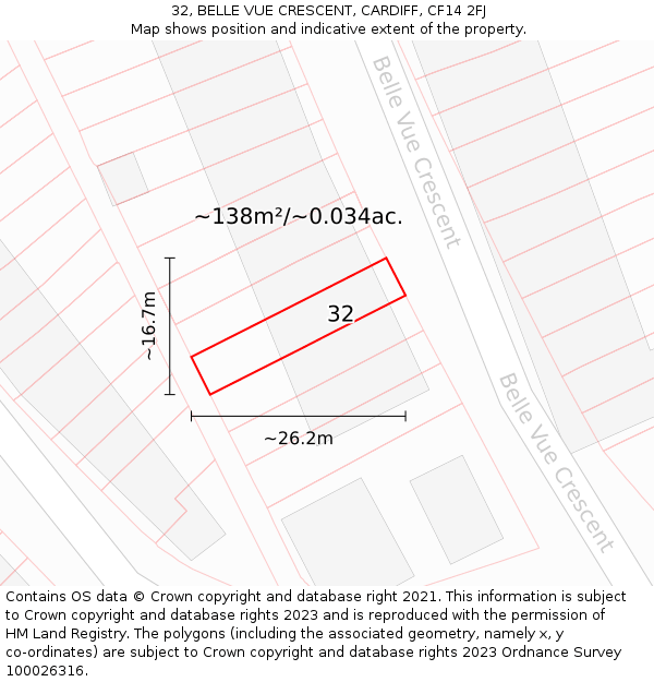 32, BELLE VUE CRESCENT, CARDIFF, CF14 2FJ: Plot and title map