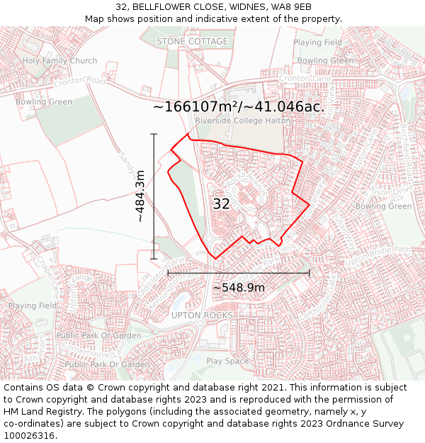 32, BELLFLOWER CLOSE, WIDNES, WA8 9EB: Plot and title map
