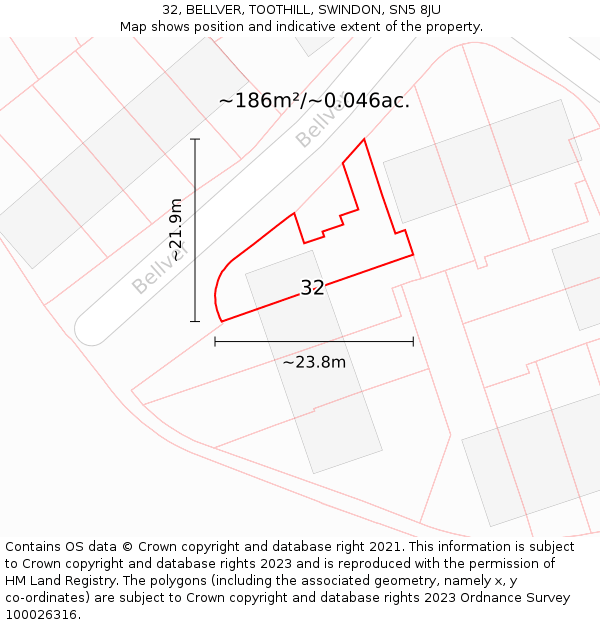 32, BELLVER, TOOTHILL, SWINDON, SN5 8JU: Plot and title map