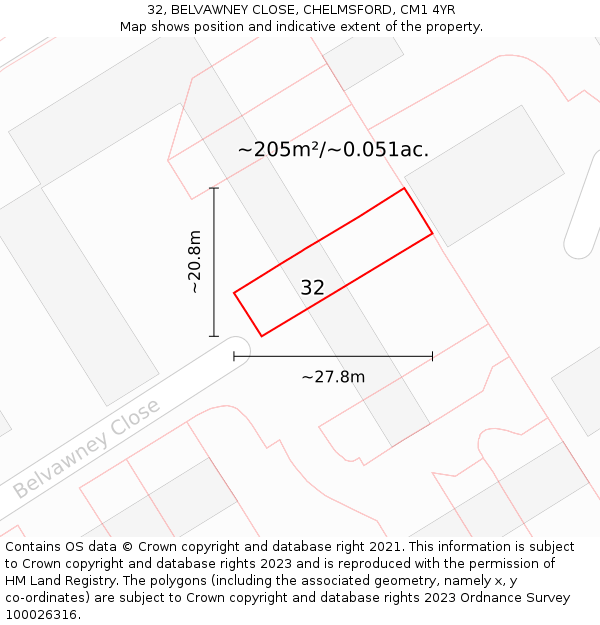 32, BELVAWNEY CLOSE, CHELMSFORD, CM1 4YR: Plot and title map