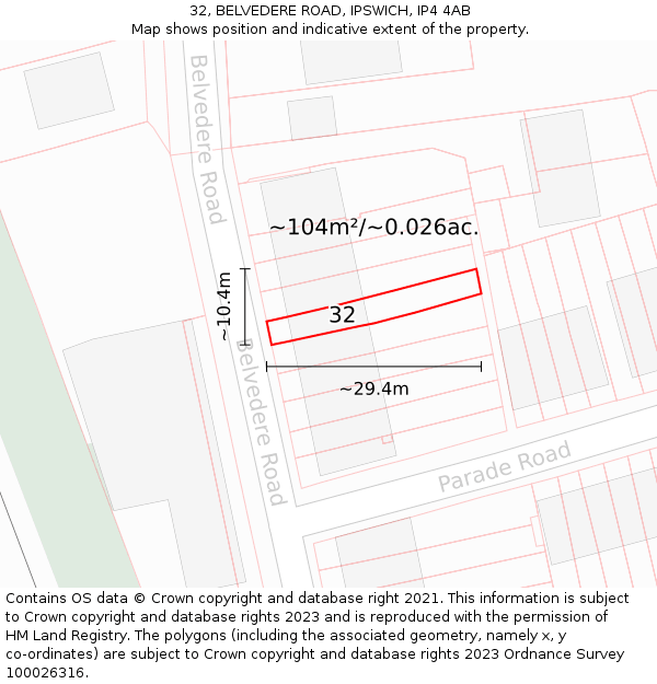 32, BELVEDERE ROAD, IPSWICH, IP4 4AB: Plot and title map