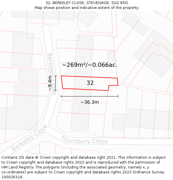 32, BERKELEY CLOSE, STEVENAGE, SG2 8SG: Plot and title map