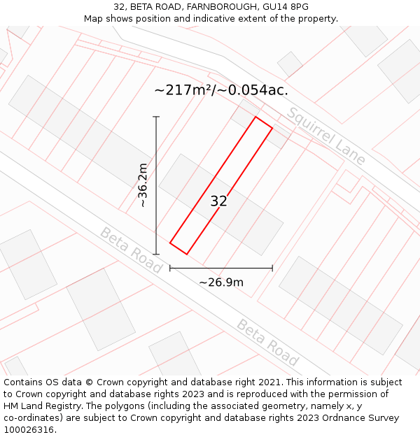 32, BETA ROAD, FARNBOROUGH, GU14 8PG: Plot and title map