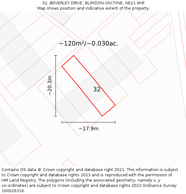 32, BEVERLEY DRIVE, BLAYDON-ON-TYNE, NE21 6HF: Plot and title map